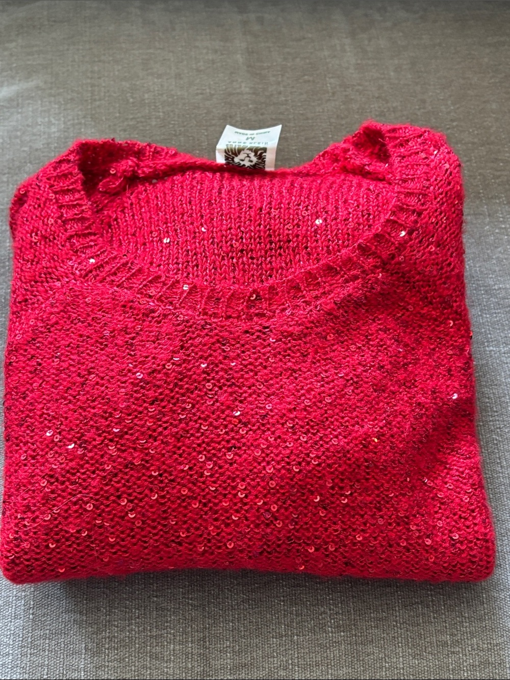 🟨Anne Klein Sparkling Bright Red Sequin Embellished Knit Crewneck Sweater Size M
